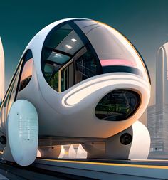 a futuristic white train traveling through a city