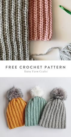 three knitted hats with pom - poms and text that says free crochet pattern