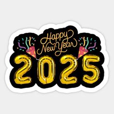 a happy new year sticker with the number 205 in gold foil balloons and confetti