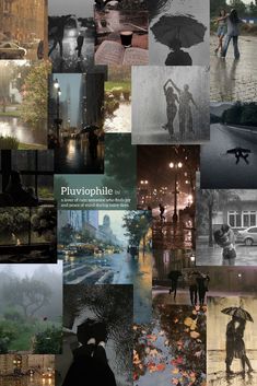 a collage of photos with people walking in the rain and holding umbrellas over their heads