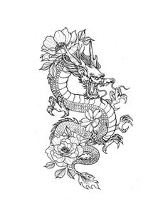 a dragon and flowers tattoo design