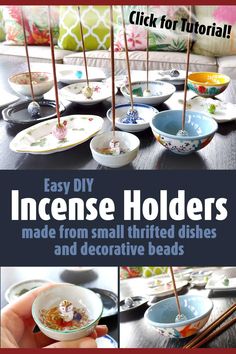 the instructions for how to make these easy diy incense holders with small bowls and chopsticks