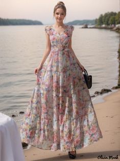 Olivia Mark - Elegant Beach Maxi Dress with Exquisite Floral Print, Ideal for Coastal Vacations and Getaways, Featuring a Backless Design and Cinched Waist Butterfly Sleeve Dress, Beach Maxi Dress, Backless Design, Embroidery Blouse, Vacation Dresses, Lantern Sleeves, Cinched Waist, Types Of Skirts, Olivia Mark