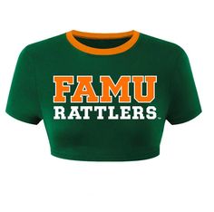 Introducing the FAMU Crop Top, designed for the fierce and proud Rattlers! This stunning crop top features FAMU's iconic green as the primary color, with a bold orange collar that adds a stylish accent, making it perfect for representing your school spirit in style. Crafted from a premium Lycra fabric, this crop top offers an incredibly soft, luxurious feel that effortlessly conforms to your body. Its form-fitting design flatters your natural curves while keeping you comfortable throughout the day. Whether you're walking the highest of seven hills or cheering on your team, this top is perfect for any occasion. Featured prominently across the chest is the bold FAMU Rattlers logo, proudly showcasing your HBCU pride. This FAMU Crop Top is a must-have for fans of Florida A&M apparel, making it Famu Rattlers, Stretchy Crop Tops, Lycra Fabric, Small Crop Tops, Natural Curves, School Spirit, Favorite Jeans, Primary Color, Favorite Outfit