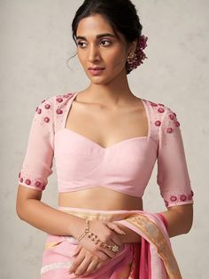 Buy Light Pink Pure Georgette Blouse With French Knot Hand online on Etsy India. Shop for handmade, vintage and unique Saree Blouses & Cholis items from QueenWomen online on Etsy Saree Blouse Styles Weddings, Indian Wear Dresses Designer, Blouse Ideas For Georgette Saree, Blouse Designs To Look Lean, Cute Blouse Designs For Saree, Trendy Blouse Designs Hands, Blouse Crop Top Designs, Blouse For Saree Design, Modern Indian Blouse Designs