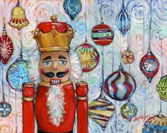 a painting of a nutcracker surrounded by christmas ornaments