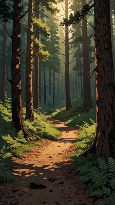 a painting of a path in the woods