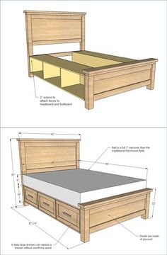 the plans for a bed frame with drawers are shown in three different positions, including two