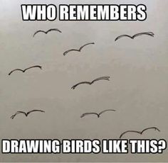 a flock of birds flying in the sky with caption that reads, who remembers drawing birds like this?