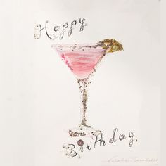 a happy birthday card with a pink cocktail