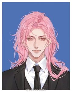 an anime character with pink hair wearing a suit and tie, looking at the camera