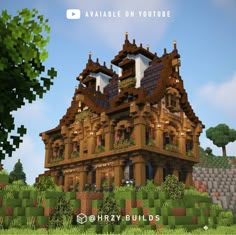 an old house with lots of windows and plants on the roof is shown in minecraft