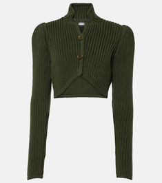 Cropped ribbed-knit cardigan in green - Loewe | Mytheresa Turtleneck Sweater Outfit, Rib Knit Cardigan, Archive Fashion, Cardigan Fashion, Knitwear Cardigan, Cropped Cardigan, Khaki Green, Knitwear Women, Autumn Winter Fashion