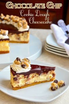 a slice of chocolate chip cookie dough cheesecake on a plate