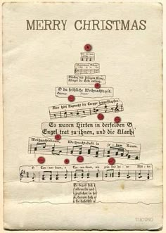 an old christmas card with musical notes on the bottom, and a tree made out of sheet music