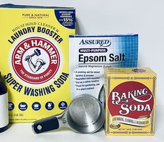 baking supplies are displayed on a white surface with blue and yellow boxes in the background