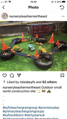 an image of some construction equipment in the grass with orange cones on it and another photo