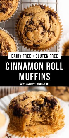 cinnamon roll muffins with text overlay that reads dairy free and gluten free