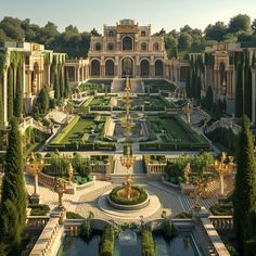 an aerial view of a large garden with fountains