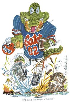 an illustration of a crocodile wearing a football jersey and holding a helmet with the number 22 on it