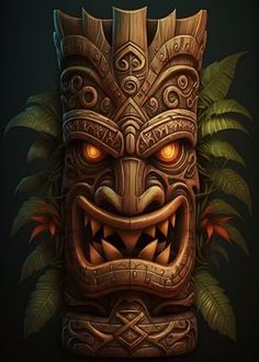 a tiki mask with glowing eyes and green leaves around its neck, on a dark background