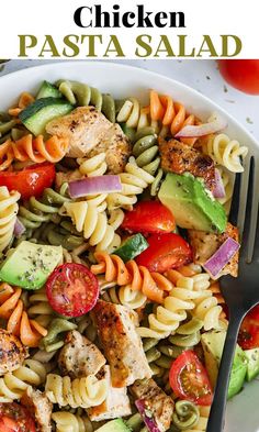 chicken pasta salad in a white bowl with a fork on the side and text overlay that reads chicken pasta salad