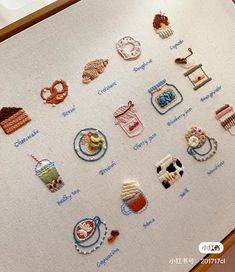 a close up of a cross stitch pattern on a white board with many different items