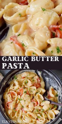 two pictures with different types of pasta in them and the words garlic butter pasta on top