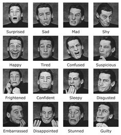 many different facial expressions are shown in this black and white photo, with the same man's face