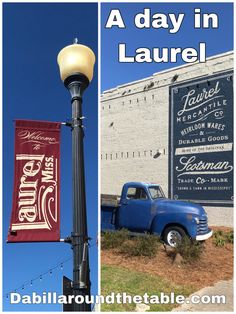 an old blue truck is parked in front of a building with a sign that says, a day in laurel