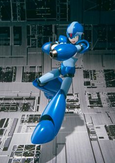 a blue robot flying through the air