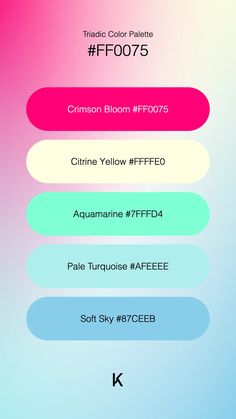 Triadic Color Palette Crimson Bloom #FF0075 · Citrine Yellow #FFFFE0 · Aquamarine #7FFFD4 · Pale Turquoise #AFEEEE · Soft Sky #87CEEB Violet Color Palette, Color Pallete, Pale Turquoise, Violet Color, Hex Codes