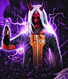 an animated character holding a cell phone in front of purple and black background with lightning