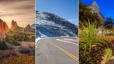 three different views of the mountains and road