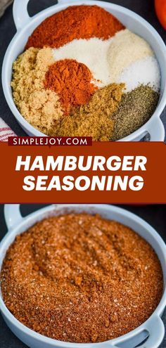 three different types of seasoning are shown in this collage with the words, hamburger seasoning