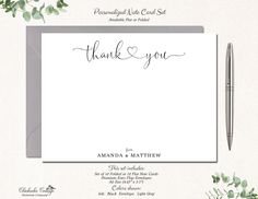 a thank card with the words thank you written on it and greenery around it