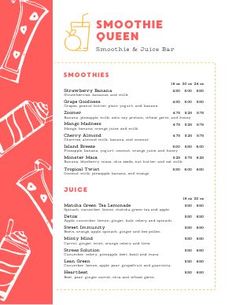 the menu for smoothie queen