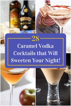 Collage of 4 caramel vodka cocktails. Caramel Cocktails, Carmel Vodka Cocktails, Caramel Vodka Recipes, Carmel Vodka Drinks Recipes