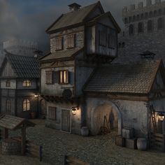 an image of a medieval town at night