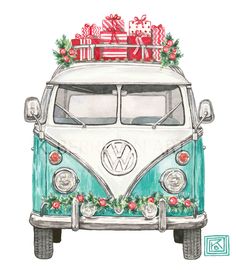 the vw bus is decorated with presents and bows