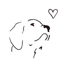 a black and white drawing of a dog's face with hearts in the background