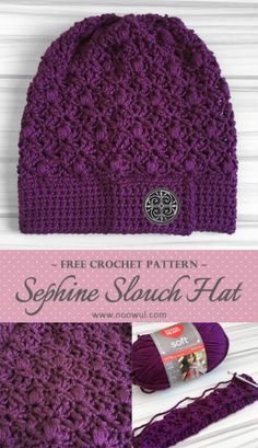 the free crochet pattern for a beanie and scarf is shown in purple