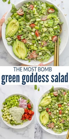 green goddess salad with avocado, tomatoes and cucumbers in two white bowls