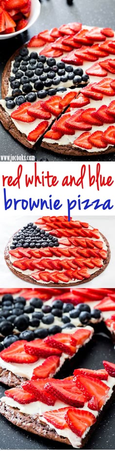 red, white and blue brownie pizza with black olives on the crust is ready to be eaten