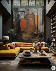 a living room filled with furniture and a large painting on the wall