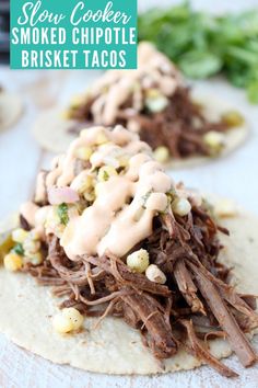 shredded beef and corn on tortillas with ranch dressing drizzled over them