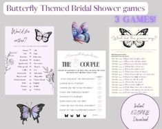 the butterfly themed bridal shower game is shown in purple and white with butterflies on it