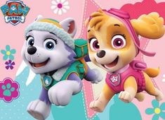 the paw patrol characters are flying through the air with their arms around each other in front of flowers