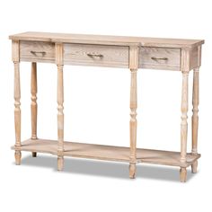 a wooden console table with two drawers