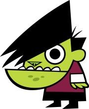 a green cartoon character with black hair